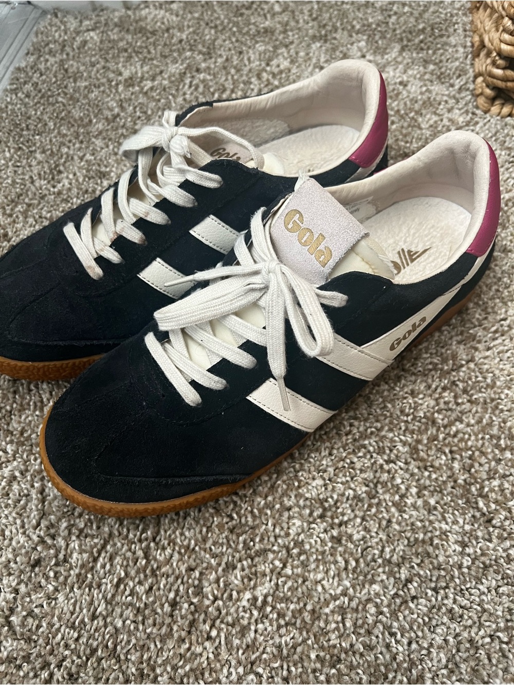 Gola Black Suede Sneakers with White Stripes and Pink Heel Tab